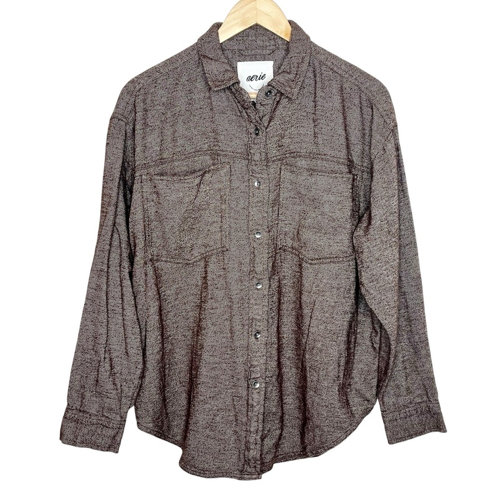 Aerie Anytime Fave Twill Shirt Brown Womens XS Oversized Flannel Chore